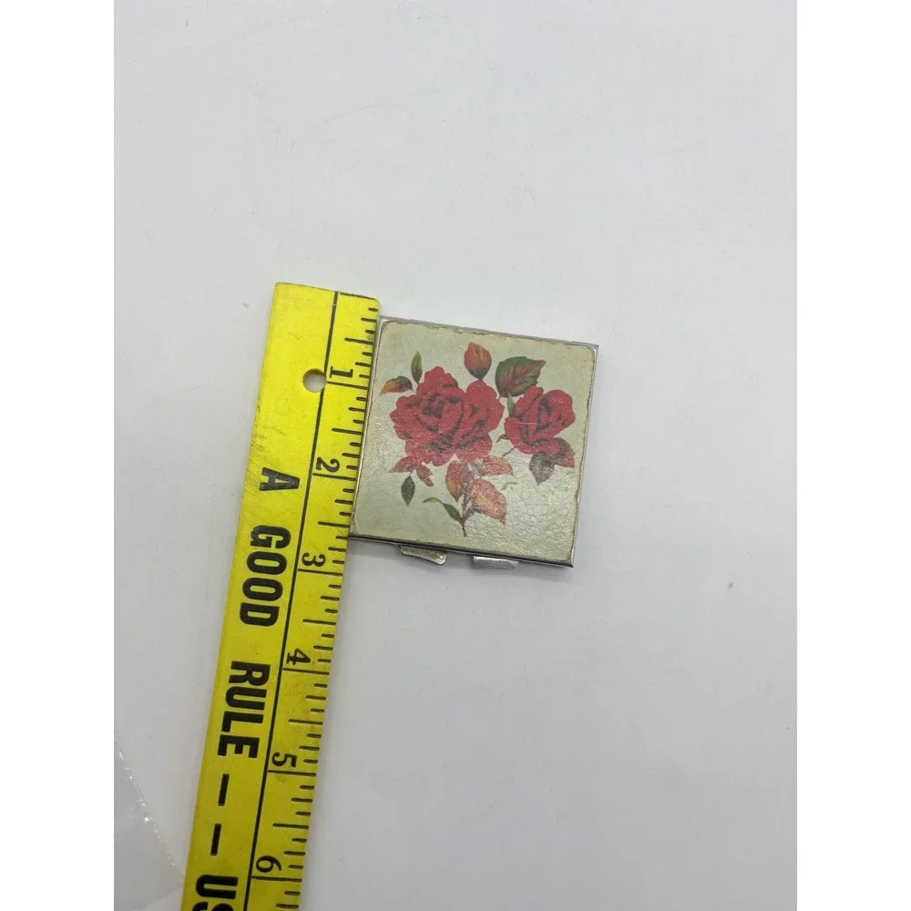 Vintage Square Silver Tone Makeup Compact Red Rose Floral Double Mirror